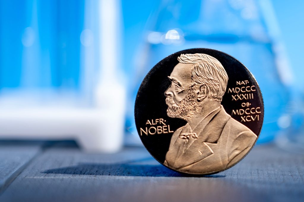 Alfred Nobel Prize concept, Gold award with Nobel image. Physics, Chemistry, Literature, Peace Prize, Biology
