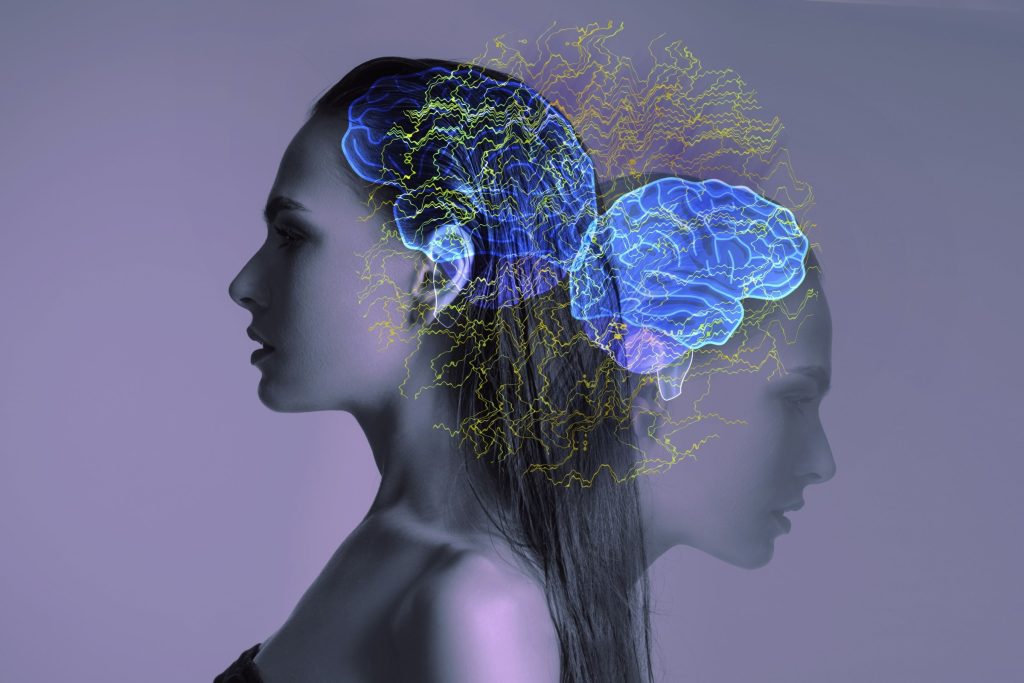 Cognitive functions of the brain in a woman, confused thoughts from stress and problems, depression, mental health, double exposure