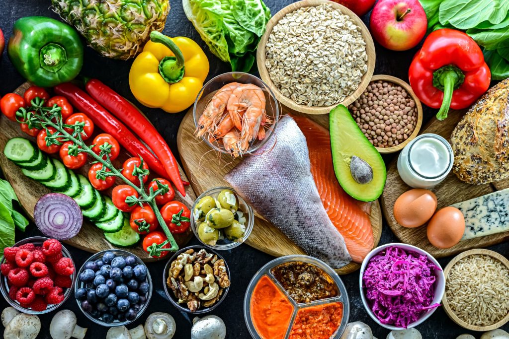 Food products representing balanced diet.