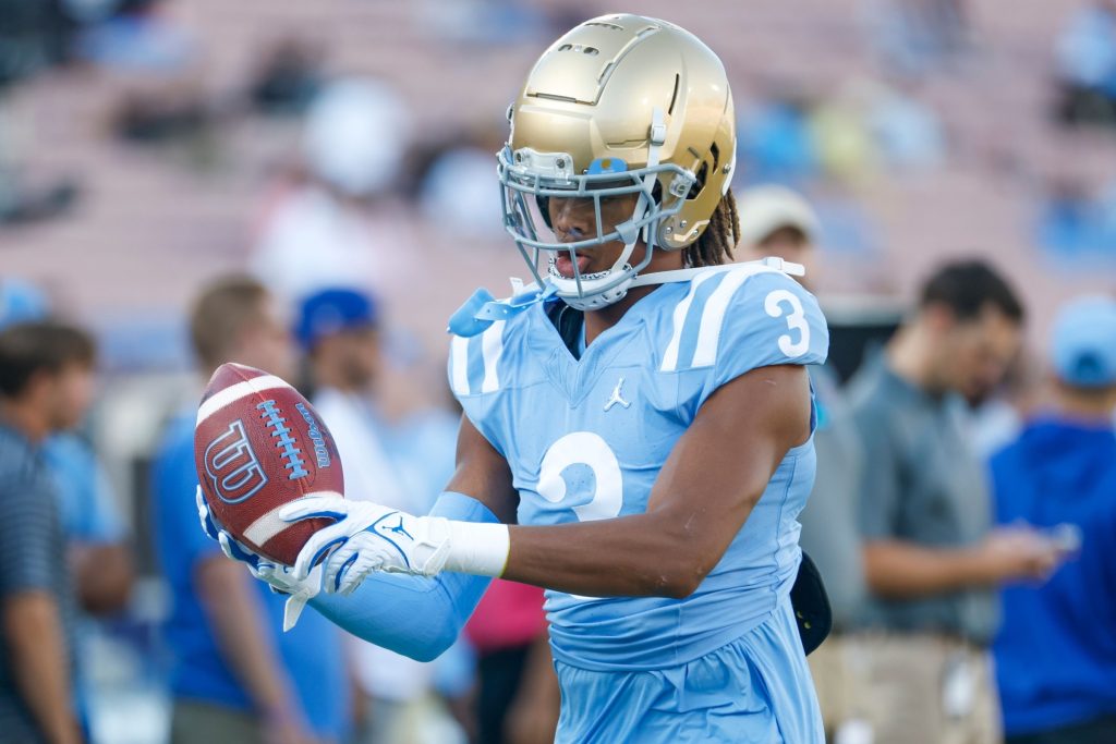 UCLA quarterback Dante Moore #3 in actions during a warm up before an NCAA college football game between the UCLA and the Colorado, Oct. 28, 2023, in Pasadena, California.
