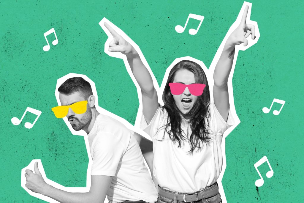 Wow emotions and music. Stylish couple dancing on bright background.