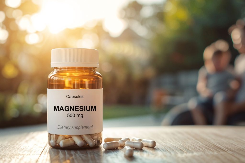 Amber bottle of magnesium dietary supplement capsules with 500 mg dosage on wooden table.