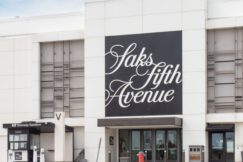 Entrance to Canadian department store Saks Fifth Avenue in the Sherway Gardens shopping mall.